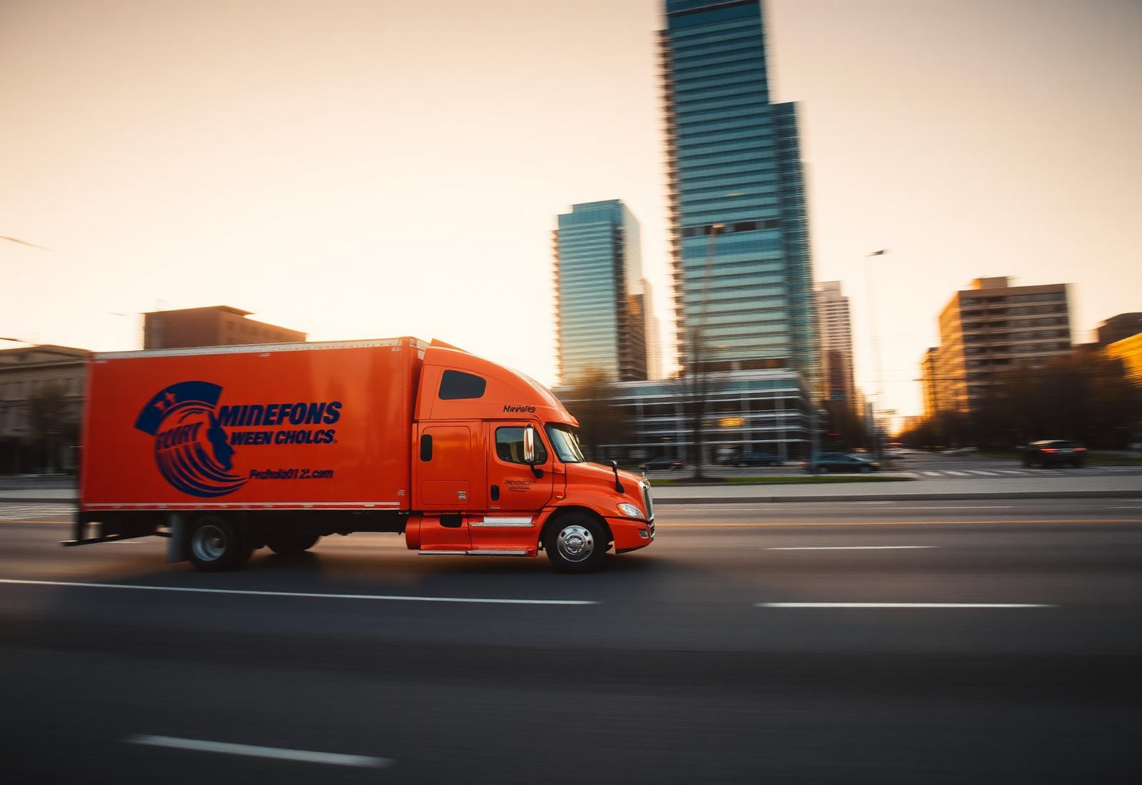 MNmovers truck driving through downtown Minneapolis